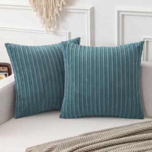Kevin Textile Soft Corduroy Throw Pillow Covers Pack of 2 Plush Striped Decorative Square Large Euro Cushion Covers Pillowcases Accent Boho Home Decor for Couch Sofa Bed Chair 24x24 Inch, Blue Grey