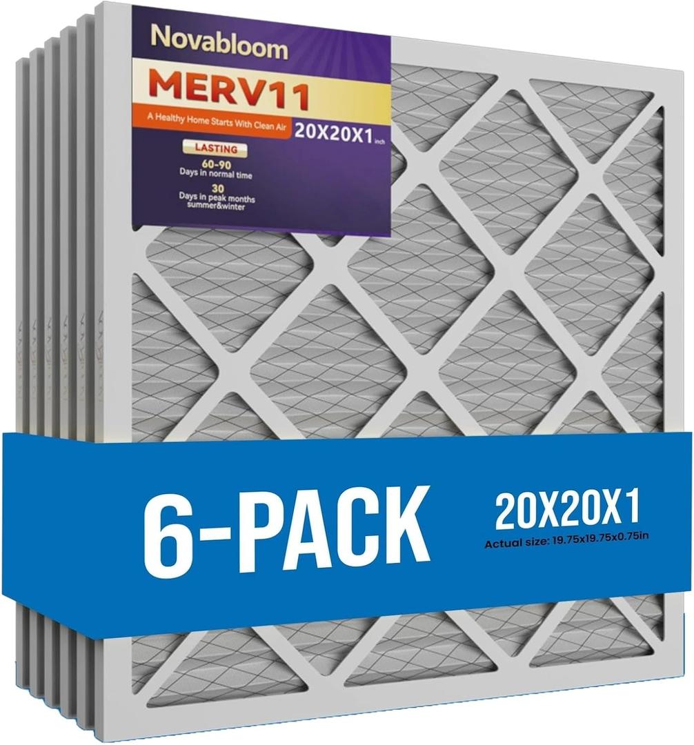 NOVABLOOM 20x20x1 Air Filter Merv 11 Dust defense (6 Pack) Pleated HVAC AC Furnace Air Filters Replacement Actual Size : (19.75x19.75x0.75 inches)
