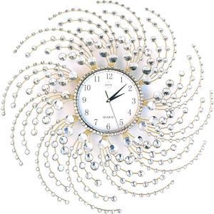 Large Wall Clock Handmade Crystals Decorative Gold Metal Framed