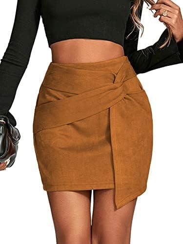 LYANER Women's Faux Suede Solid High Waist Twist-Front Zipper Mini A-Line Short Skirt Light Brown S