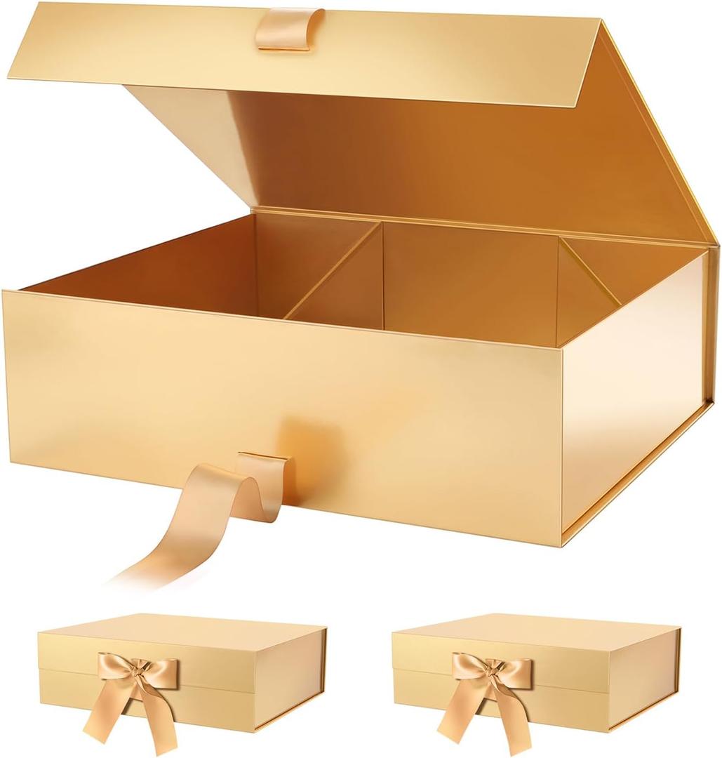 PACKHOME Mother's Day 17x14.5x5.5 Inches, 3 Extra Large Gift Boxes with Lids, Magnetic Closure Boxes with Ribbon for Clothes and Large Gifts (Glossy Gold), 1 Count