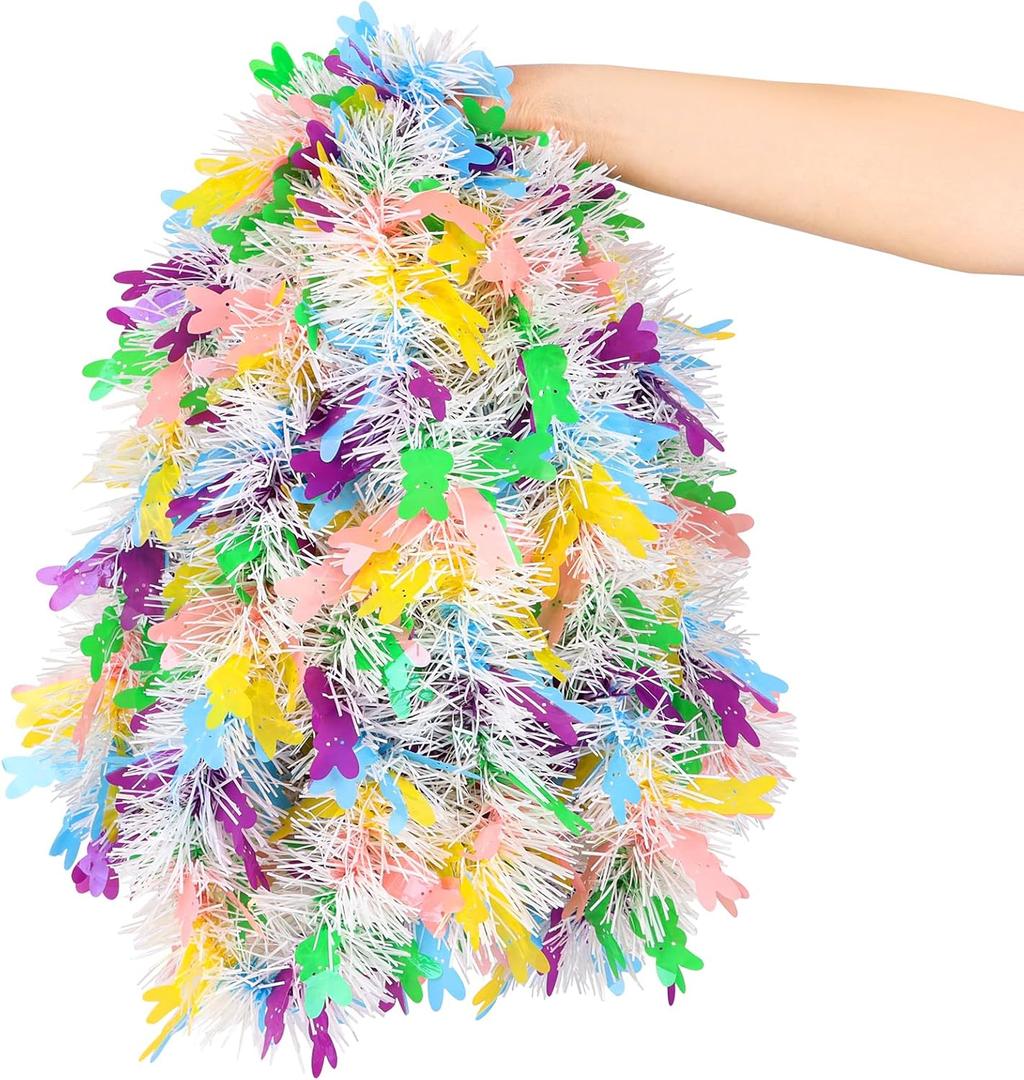 33FT Easter Tinsel Garland, White Metallic Hanging Twisted Garlands with Colorful Bunny Confetti Spring Hanging Garland for Bunny Party Supply Wreath Tree Indoor Outdoor Decor