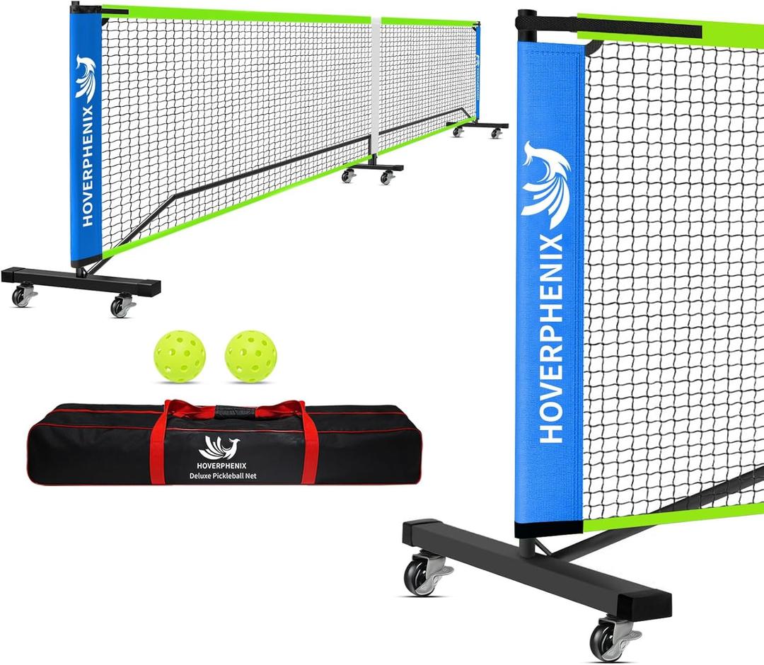22FT Regulation Size Pickleball Net for Driveway, Outdoor Balls and Portable Carry Bag, Weather Resistance Strong Steel Frame (Blue & Green Pickleball Net with Wheels)