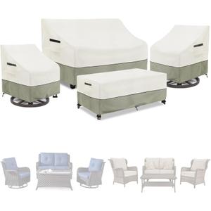 Patio Furniture Covers 4 Piece Set, 600d Heavy Duty Outdoor Furniture Covers Waterproof for Patio Loveseat, Swivel Rocker Chair and Coffee Table, White & Grayish Green (Large, Beige)
