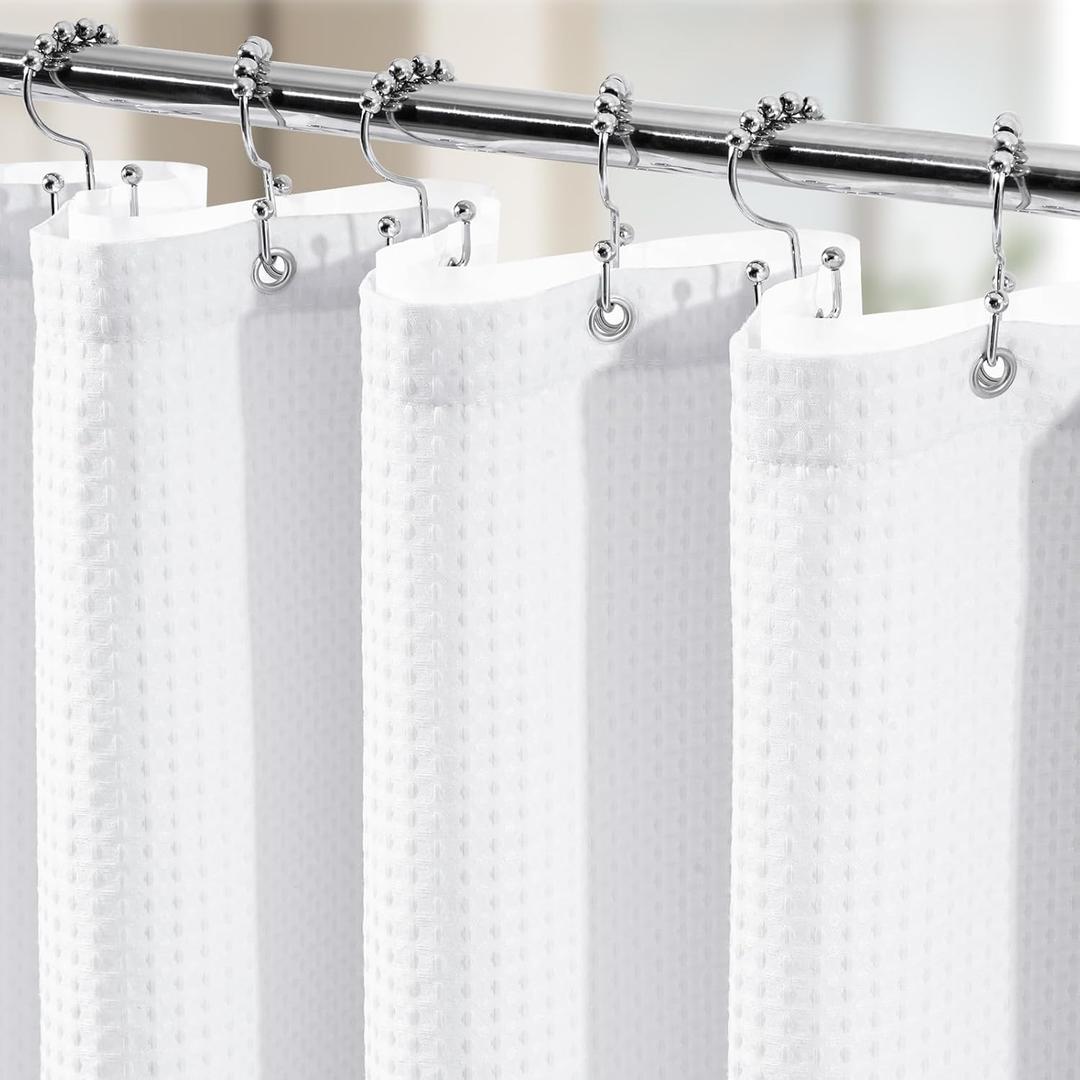 3 in 1 Shower Curtain Set, Waffle Shower Curtain and Liner Set with 12 Double Sided Shower Curtain Hooks, 258GSM Luxury Weighted Cloth Shower Curtains for Bathroom, 72 W x 72 H, White