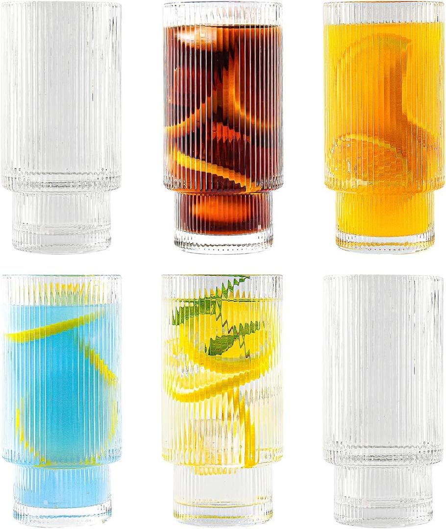 Ribbed Glassware Vintage Drinking Glasses with Straws Set of 6,Clear Fluted Ripple Glass Cups 12oz,Ribbed Iced Coffee Cups for Cocktail, Whiskey, Beer, Juice, Water