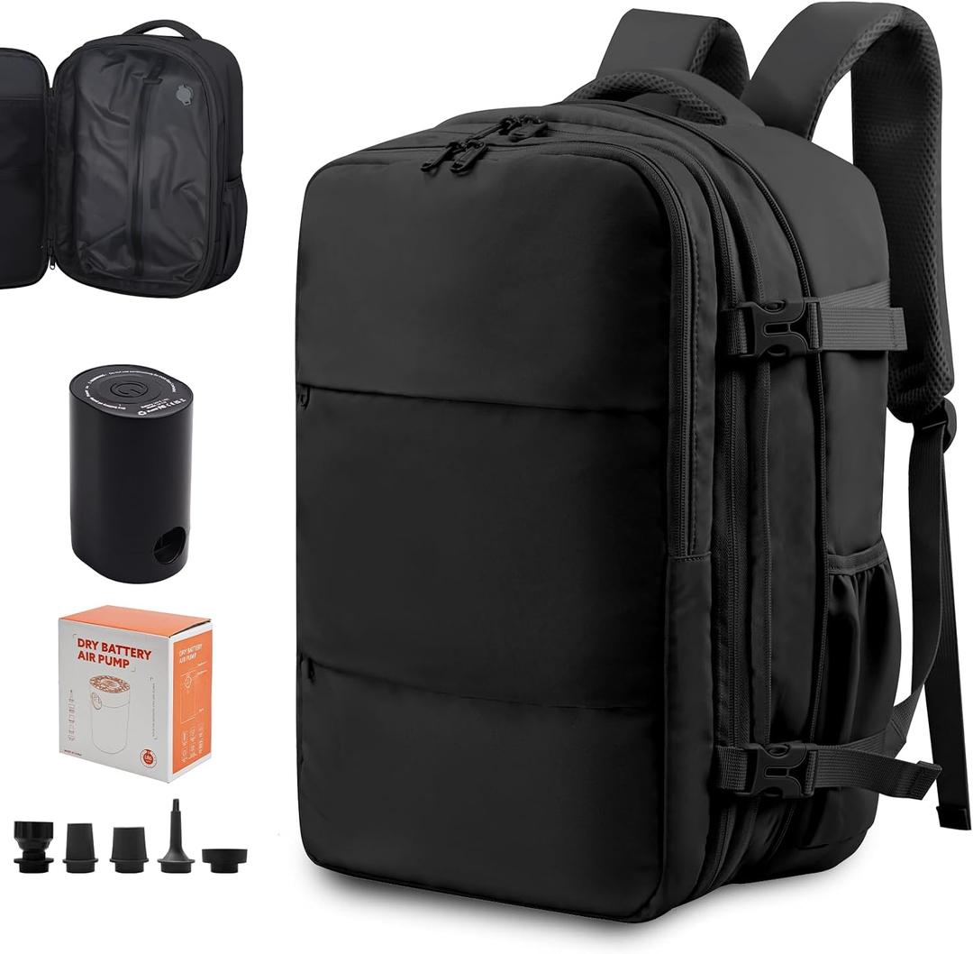 Vacuum Compression Backpack for Travel, Expandable Travel Backpack Business Bag with Compression, Fits 17 inch Laptop, Waterproof, for Men and Women  Black