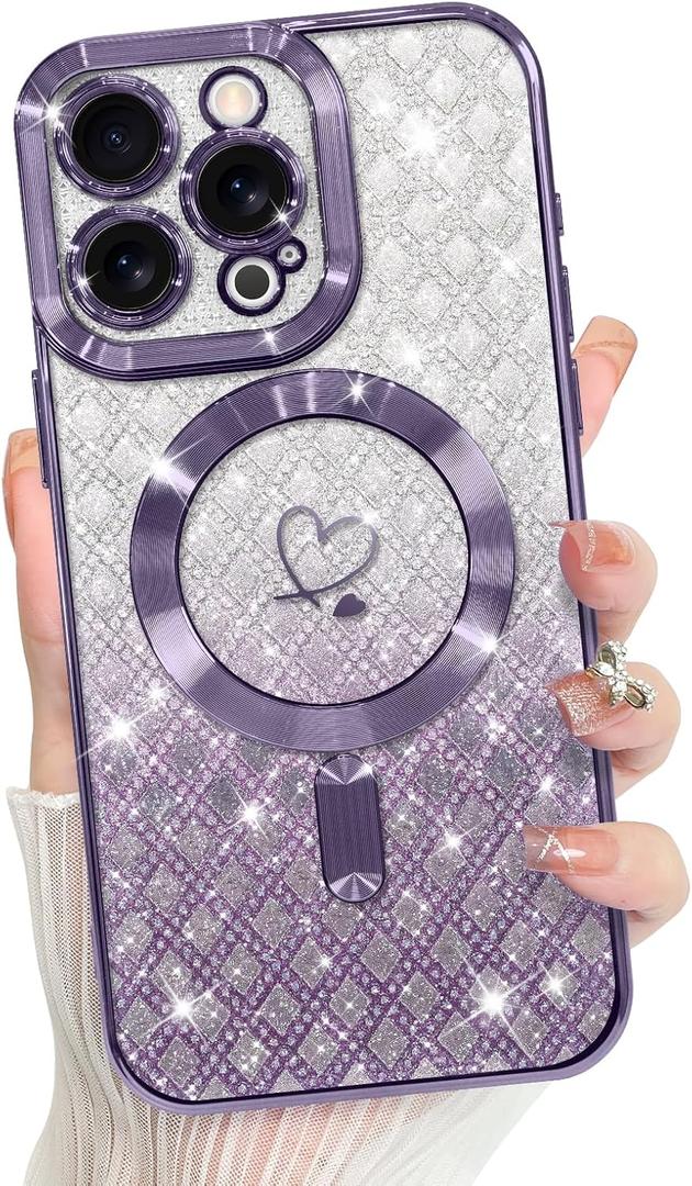 Bonoma Compatible with iPhone 15 Pro Case Support for MagSafe, Plating Heart Glitter Magnetic Checkered Case TPU Camera Protection Back Cover for Girls Women -Purple