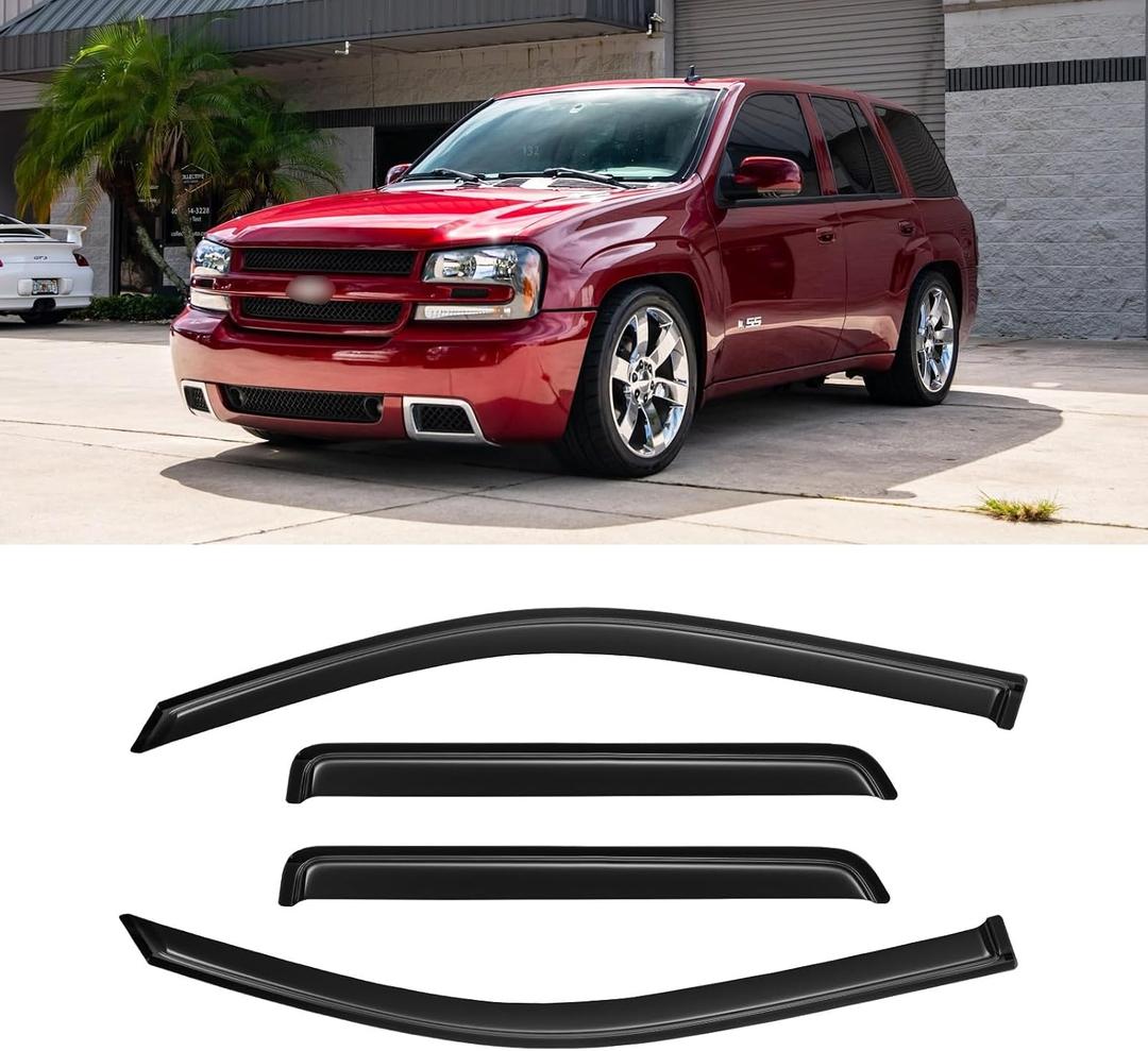 Window Visors for 2002-2009 Chevy(Chevrolet) Trailblazer, Rain Guards Shields Vent Deflector Shade Dark Smoke 2003 2004 2005 2006 2007 2008 02 03 04 05 06 07 08 09, Tape-On, 4PCS