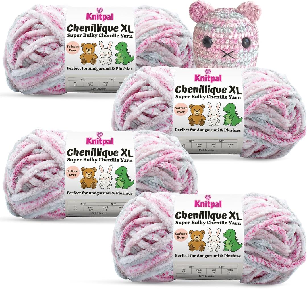 Chenillique XL Plush Chenille Yarn  4-Pack (352 Yards / 400 g)  Variegated Super Bulky Yarn for Plushies, Blankets, Amigurumi & Accessories - Dusky Rose