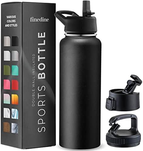 FineDine 25 Oz Insulated Water Bottle with Straw - Triple Walled Stainless Steel Metal Bottle W/ 3 Leak Proof Lids - For Travel, School, Sports, Gym/Men, Women & Kids - Inky Raven Black