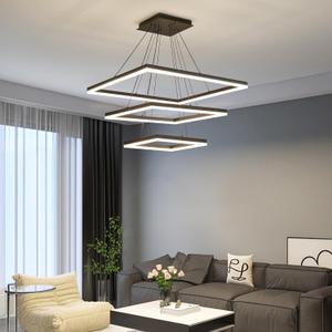 Modern LED Chandelier, Black Square Chandelier, 3 Rings Ceiling Pendant Light with Remote Control, Modern Chandelier Lighting for Bedrooms Dining Rooms (15.7*23.6*31.5IN)