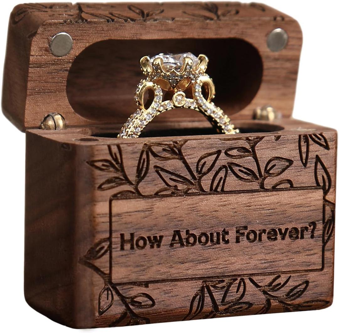 Ring Box, Wooden Ring Box for Wedding Ceremony Ring Bearer Box, Engagement Ring Holder Gift for Anniversaries day, Birthday Gift (How About Forever?)