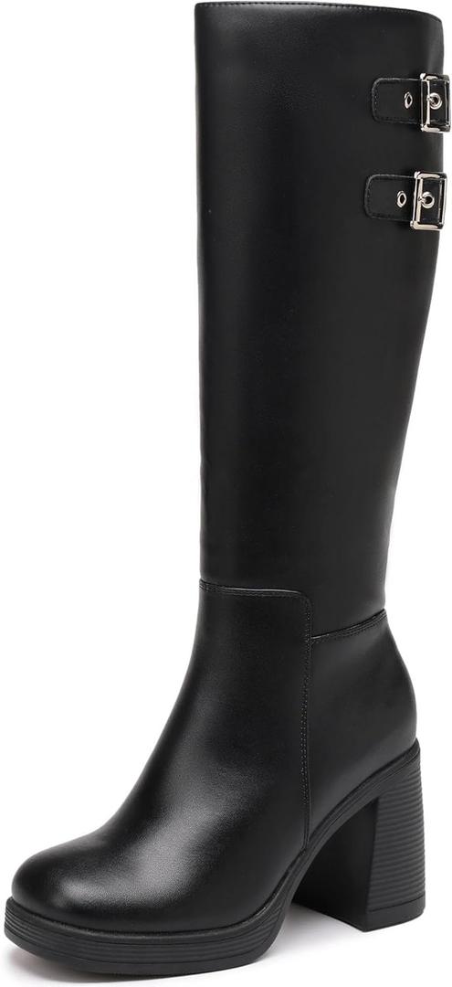 TYNDALL Womens Knee High Boots Platform Chunky Heel Black Boot for women (Black)