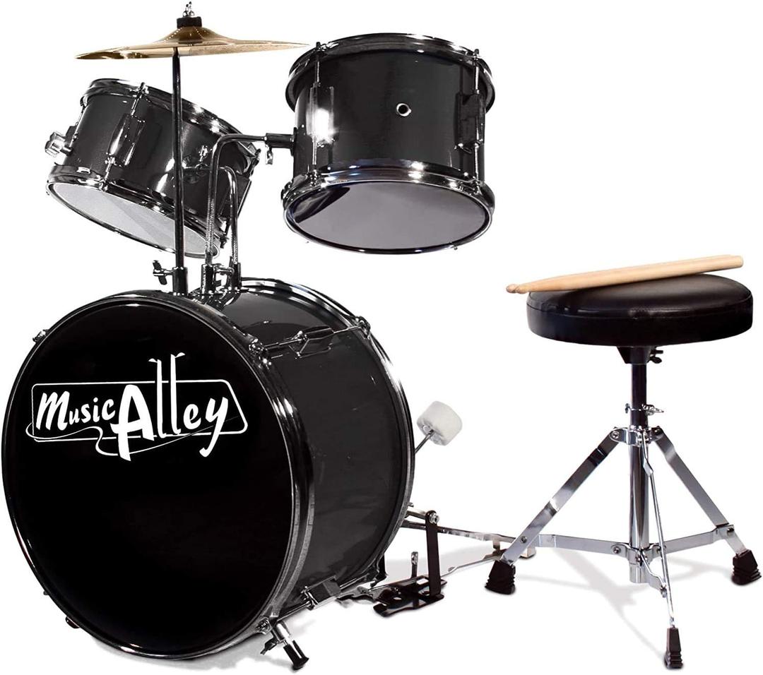 Music Alley 3 Piece Kids Drum Set with Drum Sticks & Drum Throne Seat (Metallic Black)