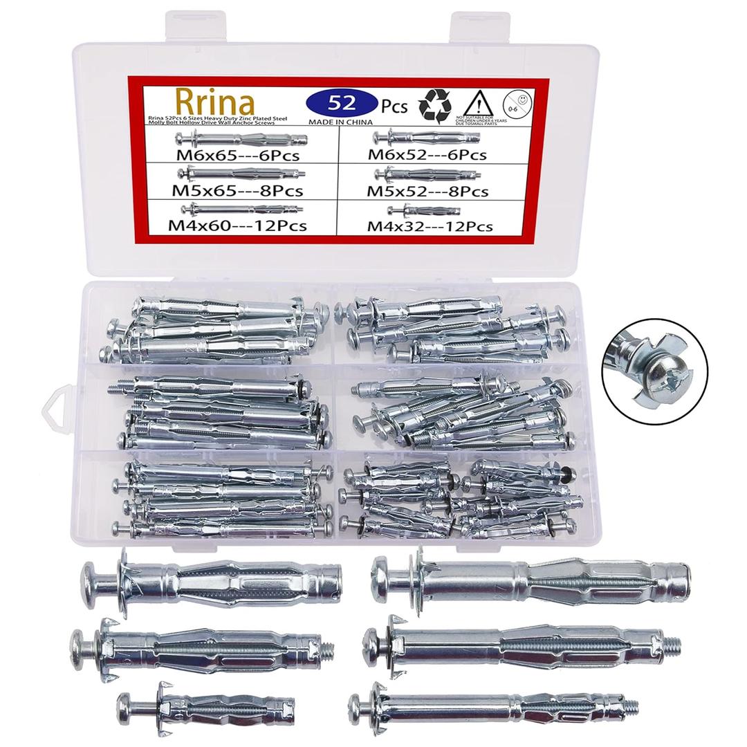 52Pcs 6 Sizes Heavy Duty Zinc Plated Steel Molly Bolt Hollow Drive Wall Anchor Screws Assortment Kit for Drywall Sheetrock