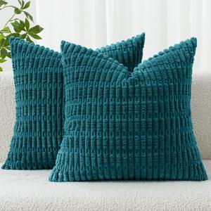 MIULEE Pack of 2 Corduroy Decorative Throw Pillow Covers 18x18 Inch Soft Boho Striped Pillow Covers Modern Farmhouse Home Decor for Summer Coastal Sofa Living Room Couch Bed Teal