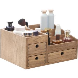 KIRIGEN Wood Makeup Organizer with 3 Drawers, Tabletop Cosmetic Organizer and Jewelry Storage Box, 8 Compartments for Vanity, Dresser, Bathroom Counter, Brown, HZG-DBR