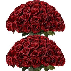 Kisflower 60 Pcs Burgundy Roses Artificial Flowers Bulk, Maroon Flowers Artificial Silk Roses with Stems for Decoration DIY Wedding Bouquet Bridal Shower Party Home Table Centerpieces Decor (Burgundy)