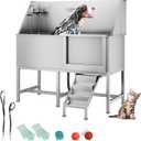 50" Pet Dog Bathing Station, Stainless Steel Dog Bathtub W/Ramp, Floor Grate, Dog Bath Brush, Washing Gloves for Home, Professional Dog Washing Station for Pets (50 Inch Left Door)