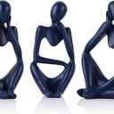 Navy Blue Thinker Statue Decor for TV Stand, Shelf, Desk, or Coffee Table - Set of 3 Resin Figurines for Living Room Decorative Objects, Modern Sculpture, Minimalist Bookcase Decor, Home Accents