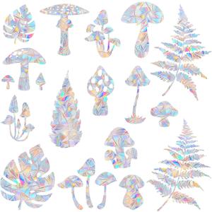 18 Pieces Mushroom and Leaf Window Decals for Bird Strike Prevention - Reusable Rainbow Suncatcher Clings to Save Birds, Non-Adhesive Anti-Collision Stickers, Easy Remove No Residue