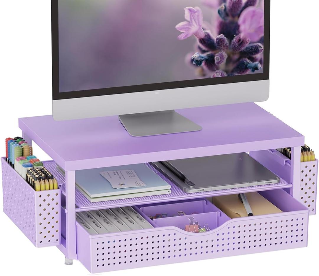 Gianotter Wood Monitor Stand Riser, Desk Organizer with Drawer and 2 Pen Holders, 2-Tier Workspace Organizer for Office Supplies (Purple Wood)