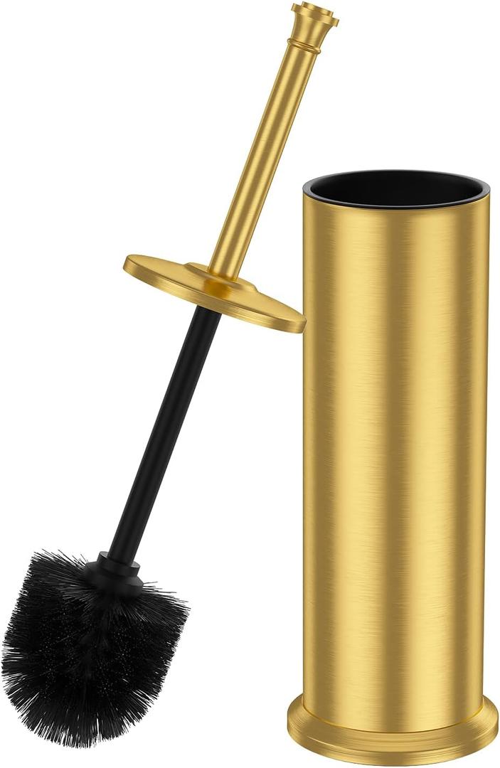 Brass Toilet Brush and HolderLong Handled Gold Toilet Brush for BathroomStainless Steel Heavy Duty Toilet Bowl Brush,Removable Inner Bowl,Deep Cleaning Dense Bristles Cleaner Brush -Space Saving