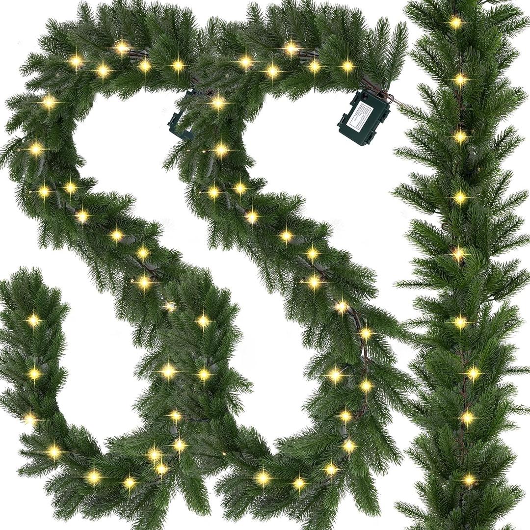 UZLU Christmas Garland with Lights 2PCS, 6 Ft Lighted Garlands, Realistic Greenery Norfolk Pine,30 LED Lights Battery Powered, Timer Included Greenery Garland for Mantle Christmas Decorations