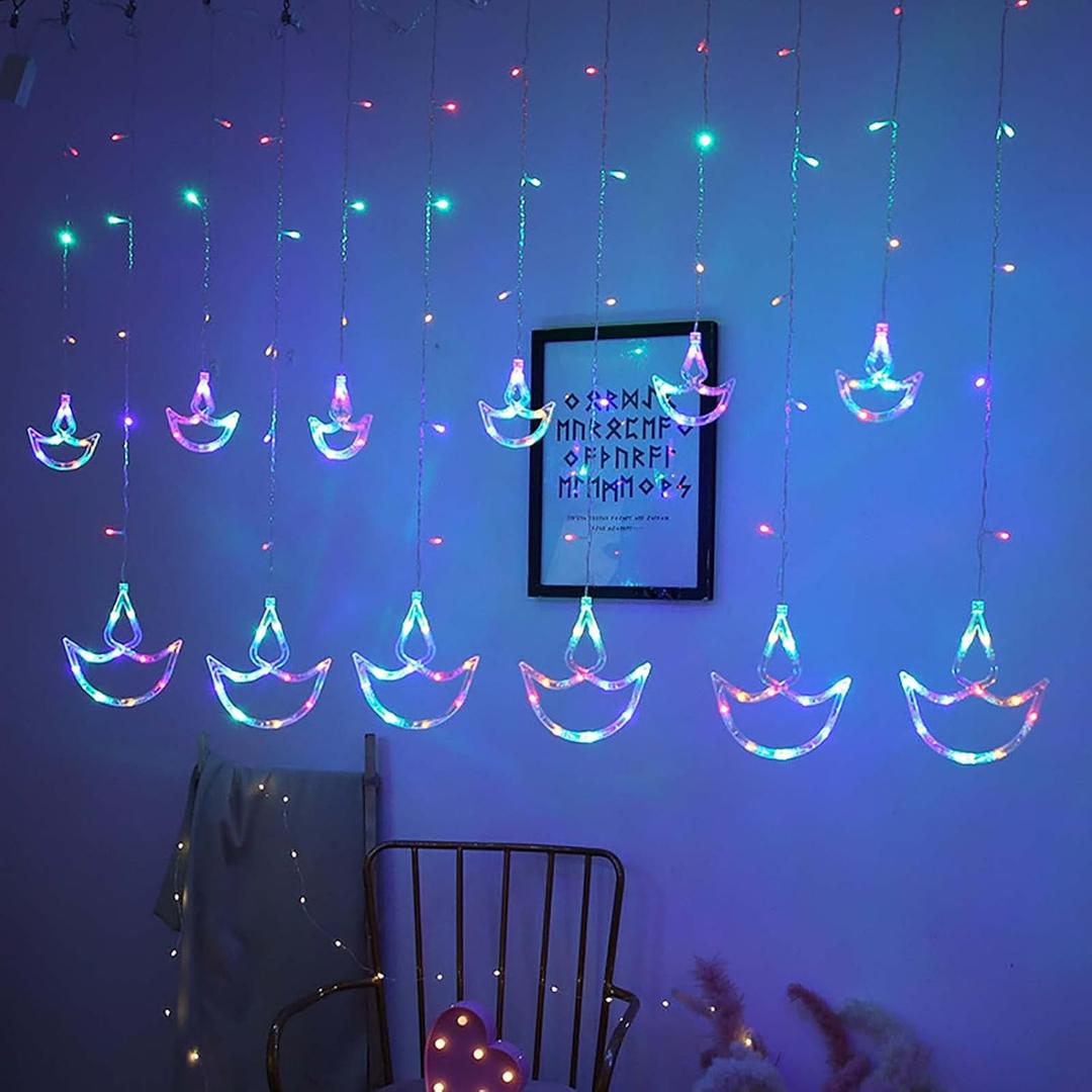 Diwali Diya Curtain Lights  12 Colorful LED Diyas Happy Diwali Decoration, USB Powered Indian Festival String Lights for Indoor Outdoor Wall, Window, Balcony Decorations(Colorful)