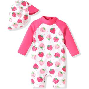 Aalizzwell Baby Girls Long Sleeve One Piece Bathing Suit with Hat (6-12 Months, Multicolored Strawberry)
