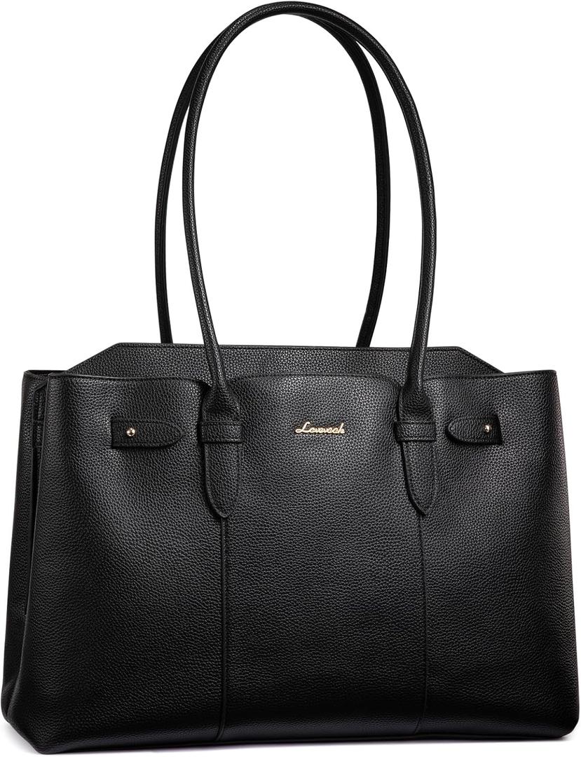 LOVEVOOK Laptop Tote Bag for Women, 15.6 Inch Waterproof Leather Computer Work Purse with Zipper for Teacher & Travel (Black)