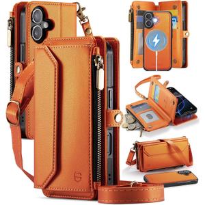 Strapurs for iPhone 17 Detachable Wallet Case Compatible with Magsafe for Women, RFID Blocking 9-Card Holder Zipper Wrist Strap Lanyard PU Leather Magnetic Phone Case for iPhone 17 6.3", Orange