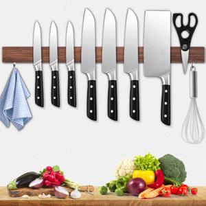 Dmore magnetic knife holder for wallwith 2 hooks, No Drilling 23 Inch walnut knife magnetic strip, Powerful knife magnet rack, include Adhesive Tape and screws for Knives, Utensils, and Tools