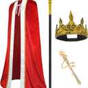 3 Pieces Halloween King Cloak Crown Wand Costume Set For Adult And Children Prince or Queen Robe Red Cloak Cape And Crown Headband For Halloween Cosplay Party (For-Adult)