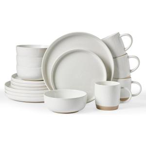 Famiware Milkyway Stoneware Dinnerware Sets with Mugs, Service for 4 (16pcs), Plates and Bowls Sets, Scratch Resistant, Microwave and Dishwasher Safe Dishes Set, White