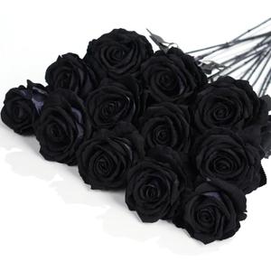 12 Pcs Black Roses Artificial Flowers with Long Stem, Faux Silk Rose Bouquet Realistic Lifelike Fake Floral Bundles for Halloween Valentine's Day Wedding Party Table Centerpiece Decor, Large