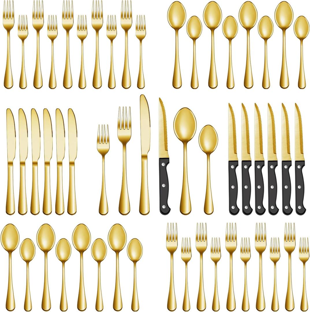 36 Pcs Gold Silverware Set with Steak Knives, Stainless Steel Flatware Cutlery Set Service for 6, Kitchen Tableware Sets, Utensil Sets for Home and Restaurant, Knives Forks Spoon, Dishwasher Safe 36 Pcs Gold Silverware Set with Steak Knives, Stainless Steel Flatware Cutlery Set Service for 6, Kitchen Tableware Sets, Utensil Sets for Home and Restaurant, Knives Forks Spoon, Dishwasher Safe