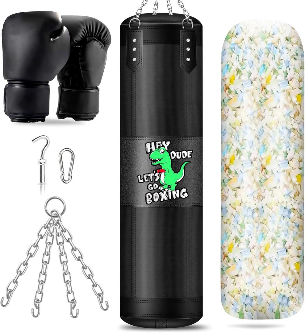 Kids Punching Bag Set, 2.75ft Filled Heavy Bag Kickboxing Bag with 2KG Sponge & 6oz Gloves, Hanging Boxing Bag for Kids Youth Boxing, MMA, Muay Thai, Karate, Martial Art, Home Gym Training