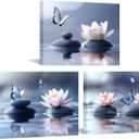 IKNOW FOTO Zen Lotus Flower Canvas Wall Art - 3pcs Calming Spa Decor with Stones and Butterfly - Water Lily Modern Artwork for Bathroom, Yoga Studio, Meditation, or Living Room - 12x16 Each