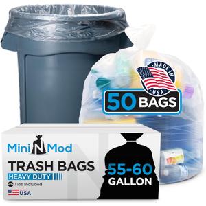 55-60 Gallon Clear Trash Bags | 50 Count | Large Clear Plastic Bags for Recycling, Garbage, and Commercial Use Fits 55 Gallon and 60 Gallon Trash Cans