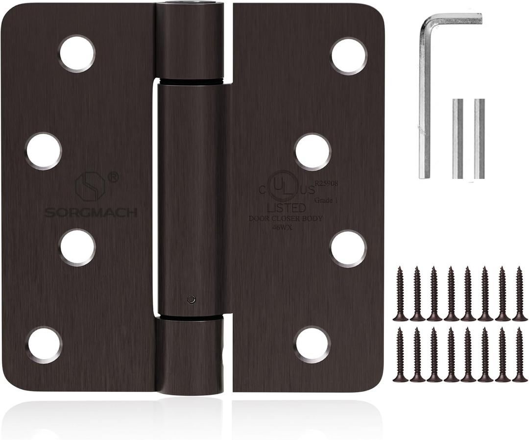 3 Pieces Self Closing Door Hinge 4 inch Oil Rubbed Bronze Auto Close Hinges Adjustable 4 x 4 Inch Spring Hinges Door Closer Hinge 1/4" Radius Corner Commercial Auto Self-Closing Hinge
