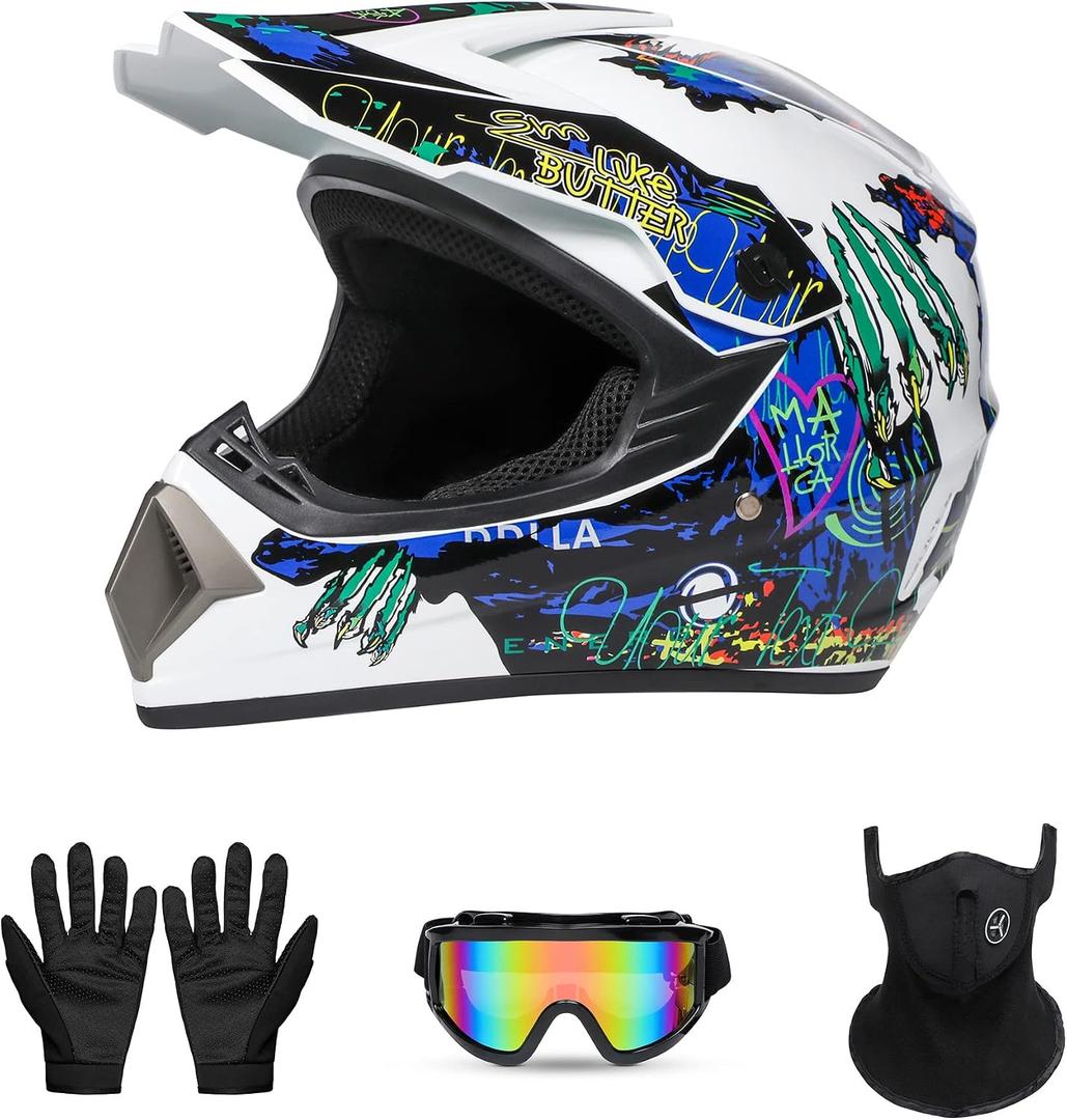 Youth Full-Face Motocross Motorcycle Helmet, DOT Certified, Lightweight and Comfortable Dirt Bike & ATV Helmet, 4-Piece Set (Medium,White Claw)