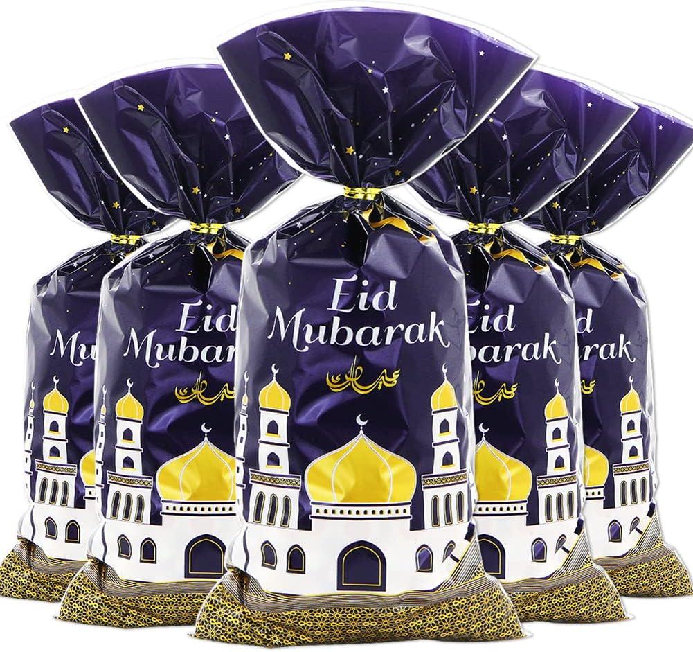 Eid Mubarak Purple Goodie Bags, 100 Pieces Muslim Castle Moon Star Pattern Ramadan Treat Bags with Gold Twist Ties for Muslim Islamic Eid Iftar Diwali Party Kids Gifts