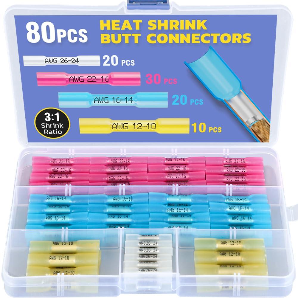haisstronica 80PCS Heat Shrink Butt Connectors,AWG 26-10 Marine Grade Heat Shrink Wire Connectors,Tinned Red Copper Waterproof Wire Connectors(4Colors/4Sizes)