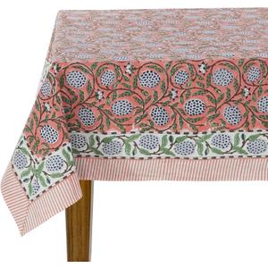 Ridhi Dark Salmon Pink 70 x 108 Inches Rectangular Cotton Washable Tablecloth, Hand Block Print Floral, for Kitchen, Dining, Spring, Easter, Wedding, Birthday, Bridal