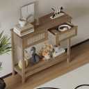 Trironsun Farmhouse Rattan Console Table with 2 Drawers 2 Tier Boho Narrow Long Sofa Table Natural with Open Storage Shelf Wood Entryway Table for Living Room Hallway Foyer