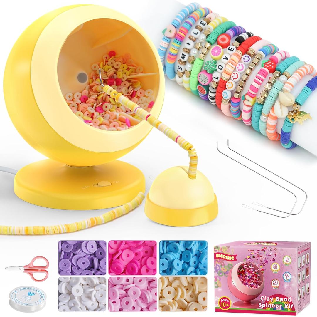 ETUDAW Bead Spinner, Clay Beads and Electric Bracelet Maker with Needles and Thread for Bracelets, Necklace, Charms, DIY Birthday Gifts(Yellow)