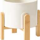 La Jolie Maison White Planter with Wood Stand, 9 Inch Ceramic Planter for Indoor Plants, Large Modern Planter Pots with Drainage Hole (Natural)