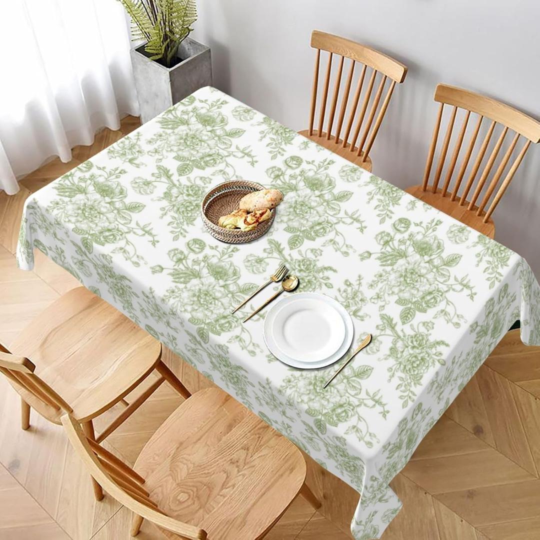 Sage Green Floral Tablecloth 60x104 Inch Square Vintage Chinoiserie Flowers Green Toile Table Cloth Spring Polyester Stain Resistance Table Cover for Outdoor Party Picnic Dining Kitchen Decor